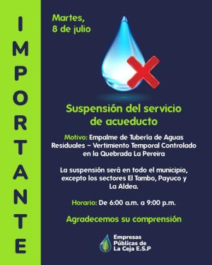 Empalme de tubería de aguas residuales generará suspensión del servicio de acueducto el 8 de julio en La Ceja